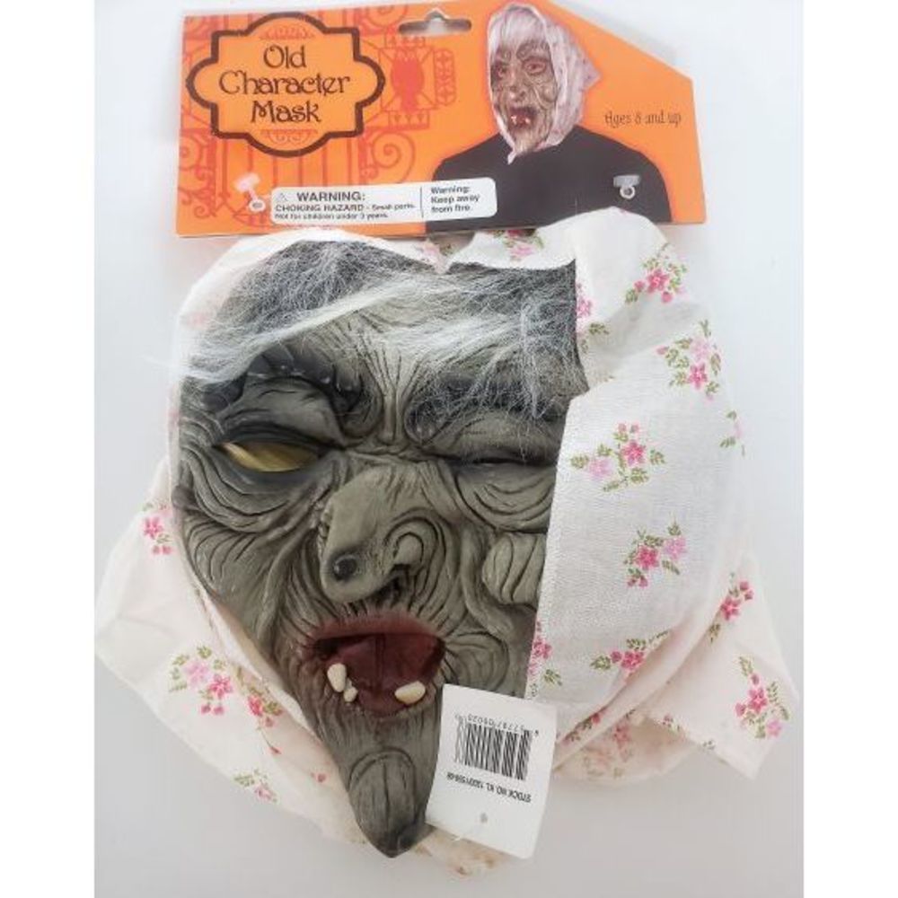 Scary Old Person Character Mask With Attached Headscarf